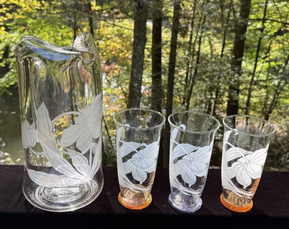 MCM FRANK GARY ODA Pitcher & glasses etched Hawaiian hibiscus Stunning! EUC